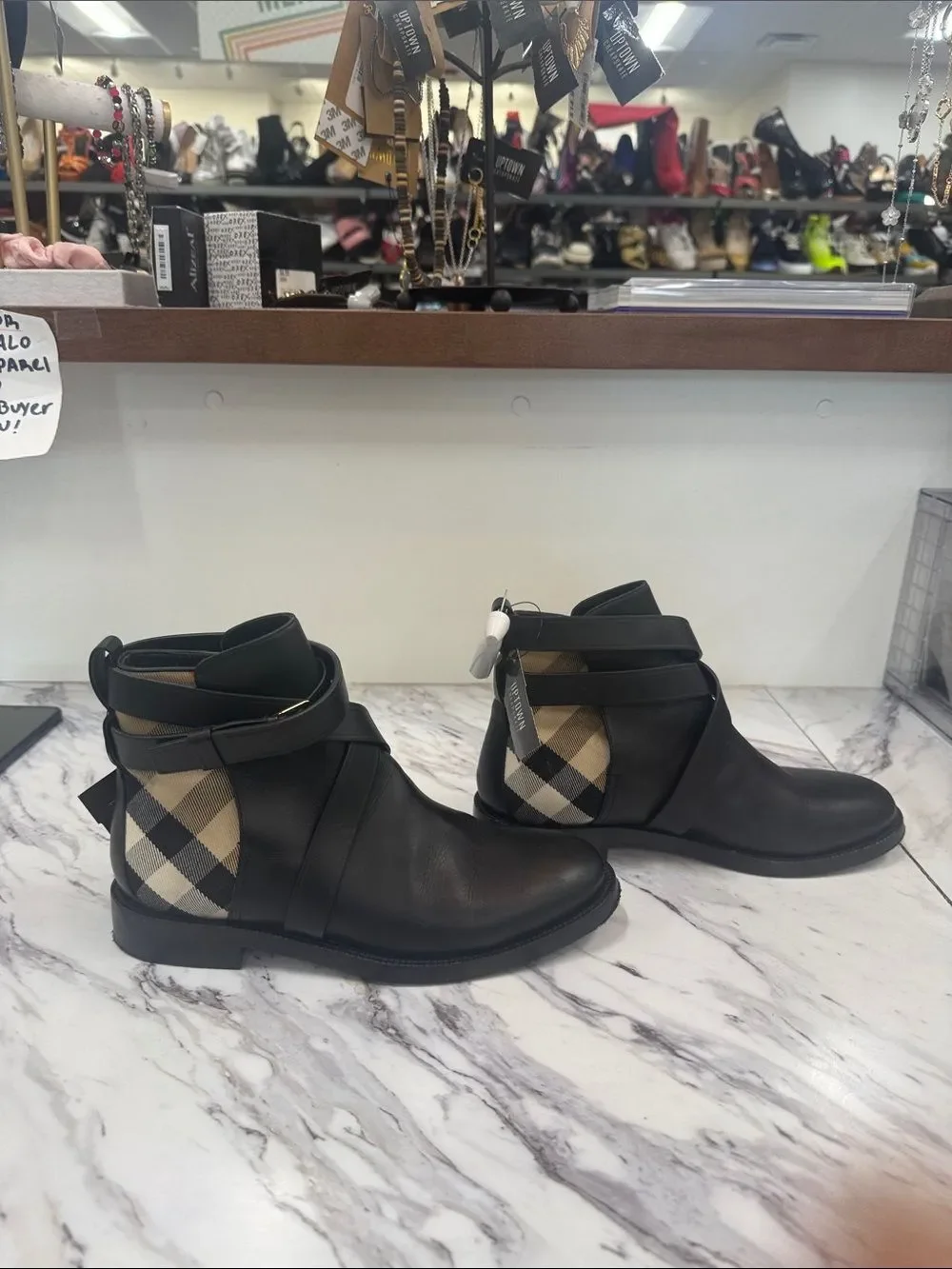 Burberry Black Leather Ankle Boots with Signature Check Panel
